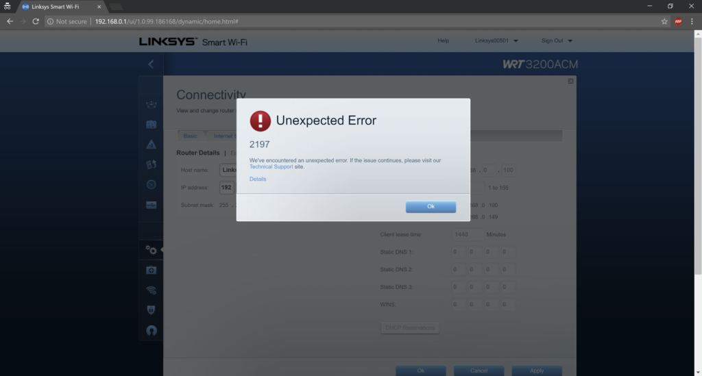 Linksys Wireless Router Unexpected Error 2197
